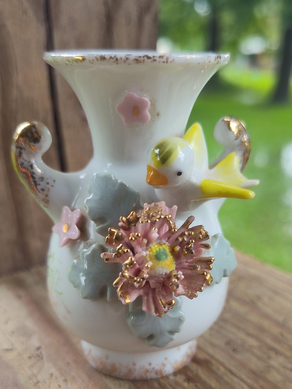 Vintage EnchantoCo California Bird Bud Vase with Pink Floral Accents